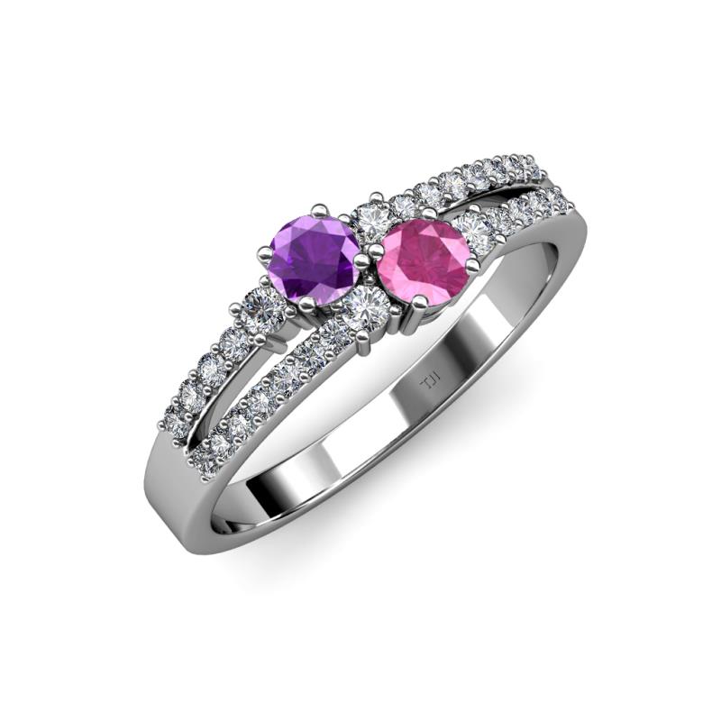 Zaira Amethyst and Pink Sapphire with Side Diamonds Split Shank Ring 