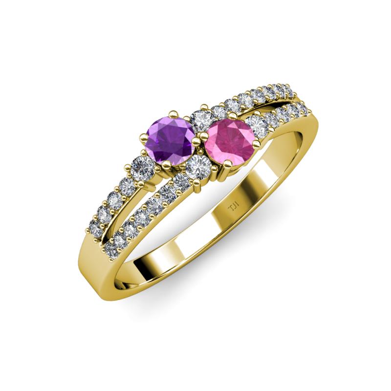 Zaira Amethyst and Pink Sapphire with Side Diamonds Split Shank Ring 