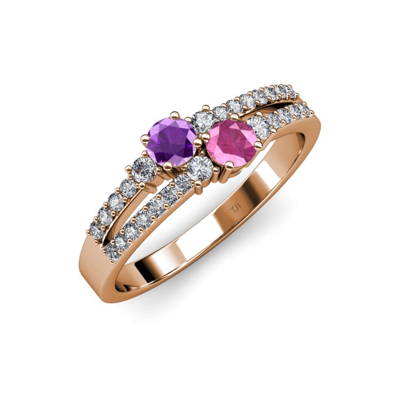 Zaira Amethyst and Pink Sapphire with Side Diamonds Split Shank Ring 