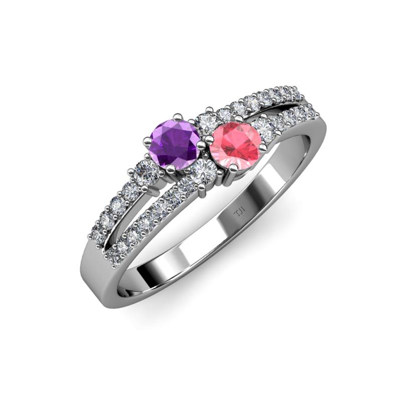 Zaira Amethyst and Pink Tourmaline with Side Diamonds Split Shank Ring 