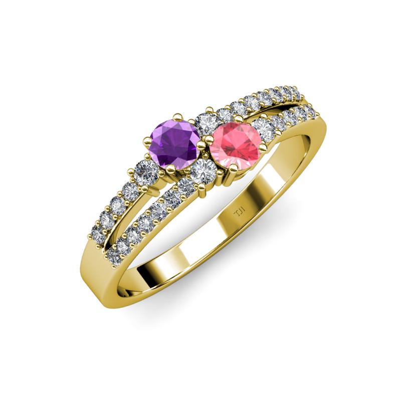 Zaira Amethyst and Pink Tourmaline with Side Diamonds Split Shank Ring 
