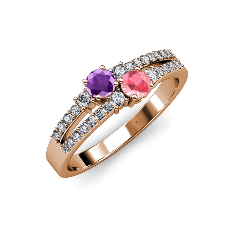 Zaira Amethyst and Pink Tourmaline with Side Diamonds Split Shank Ring 
