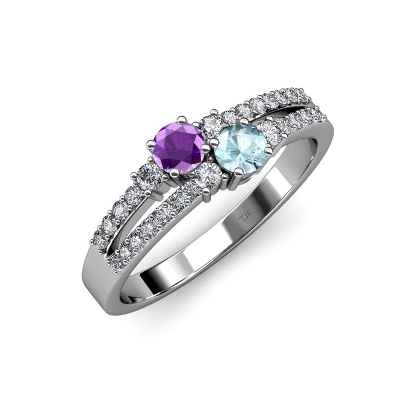 Zaira Amethyst and Aquamarine with Side Diamonds Split Shank Ring 