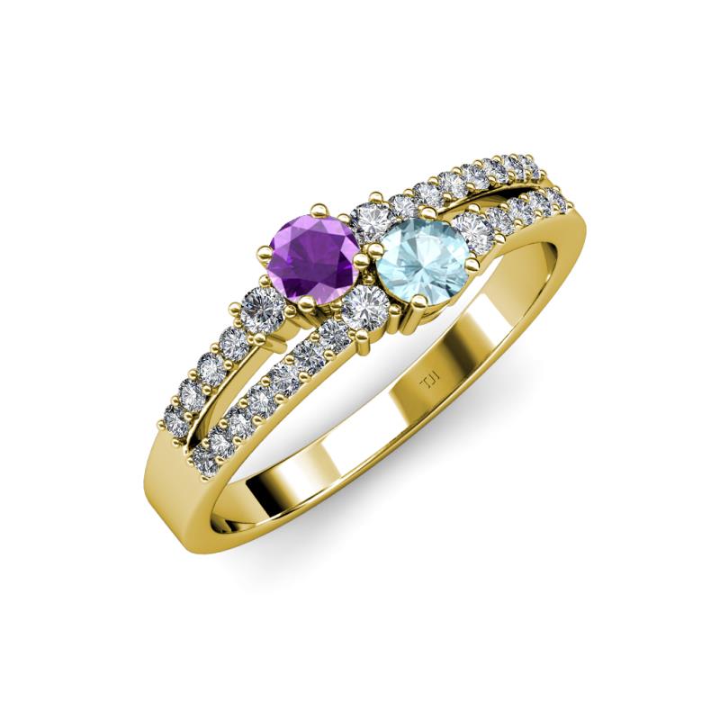 Zaira Amethyst and Aquamarine with Side Diamonds Split Shank Ring 