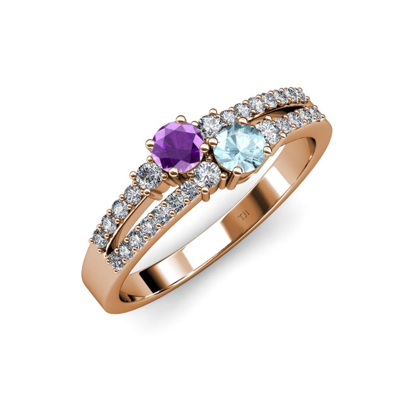 Zaira Amethyst and Aquamarine with Side Diamonds Split Shank Ring 