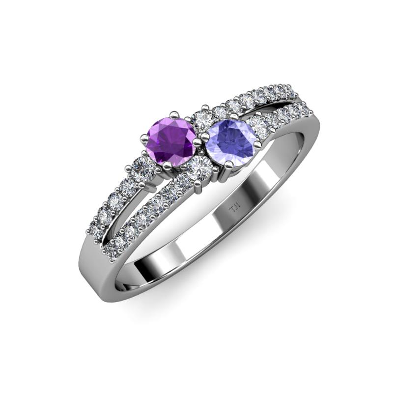 Zaira Amethyst and Tanzanite with Side Diamonds Split Shank Ring 