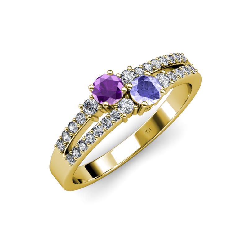 Zaira Amethyst and Tanzanite with Side Diamonds Split Shank Ring 
