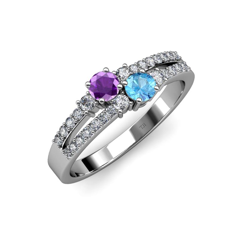 Zaira Amethyst and Blue Topaz with Side Diamonds Split Shank Ring 
