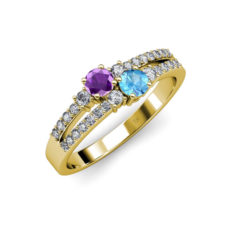 Zaira Amethyst and Blue Topaz with Side Diamonds Split Shank Ring 