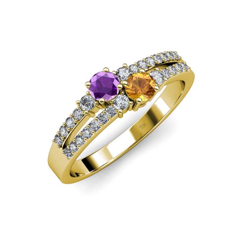 Zaira Amethyst and Citrine with Side Diamonds Split Shank Ring 