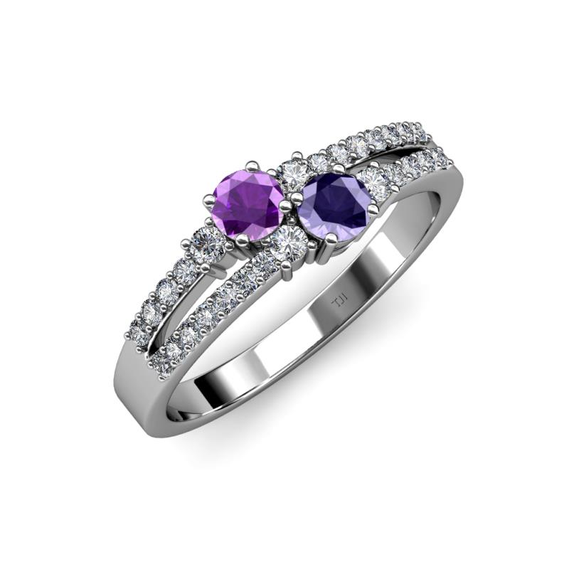 Zaira Amethyst and Iolite with Side Diamonds Split Shank Ring 