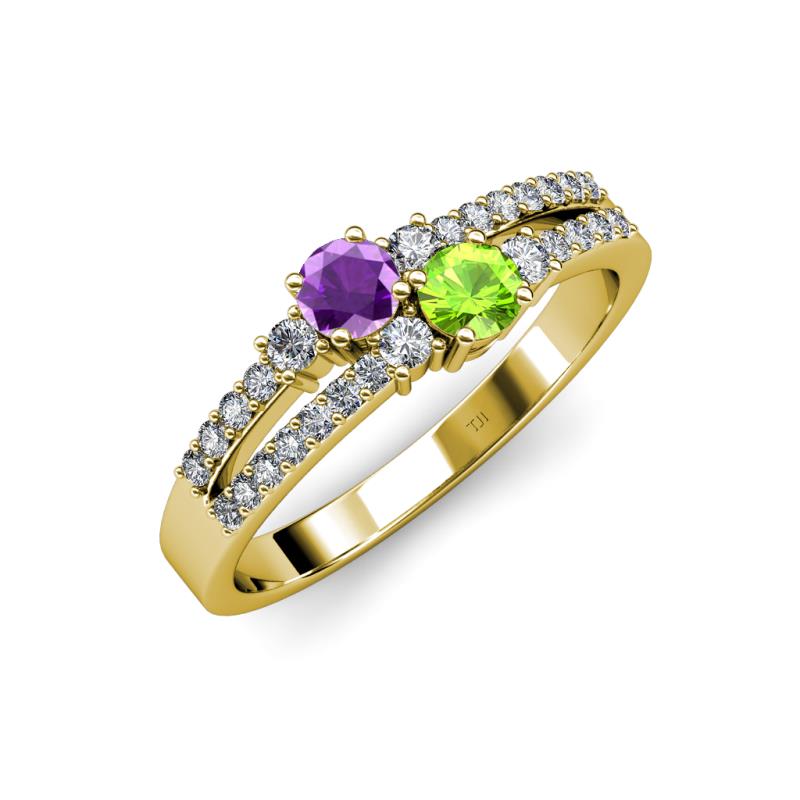 Zaira Amethyst and Peridot with Side Diamonds Split Shank Ring 