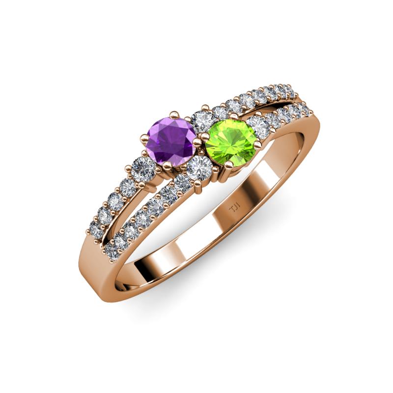 Zaira Amethyst and Peridot with Side Diamonds Split Shank Ring 