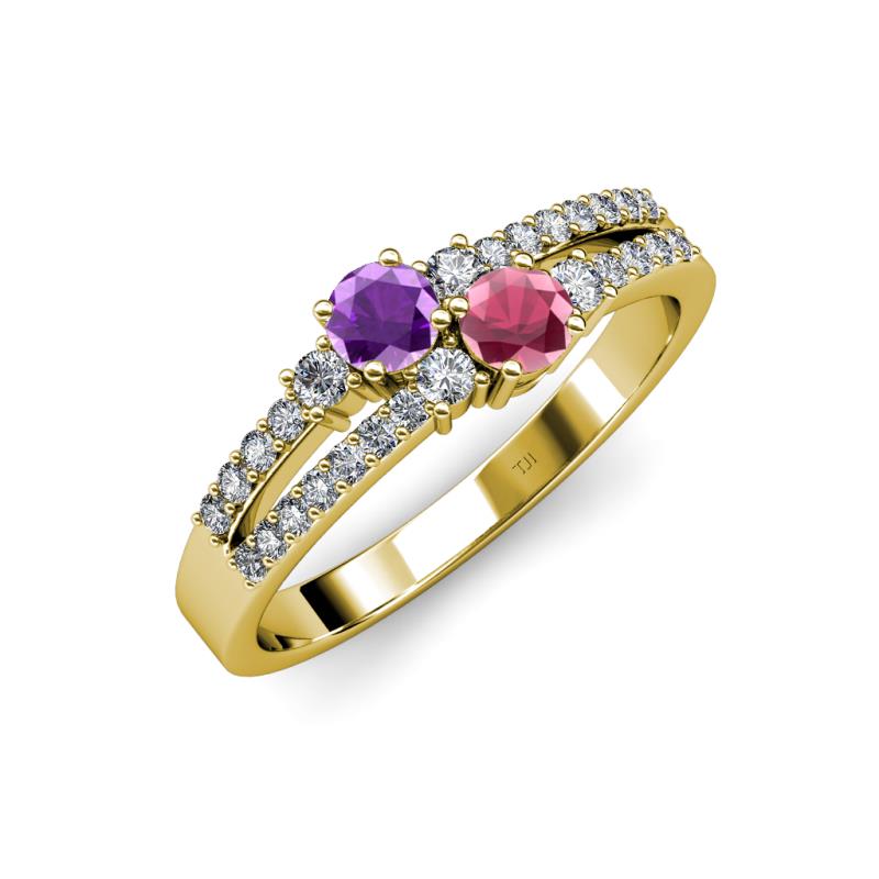 Zaira Amethyst and Rhodolite Garnet with Side Diamonds Split Shank Ring 