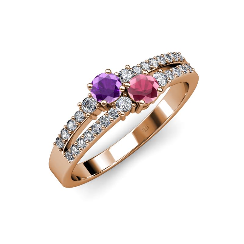 Zaira Amethyst and Rhodolite Garnet with Side Diamonds Split Shank Ring 