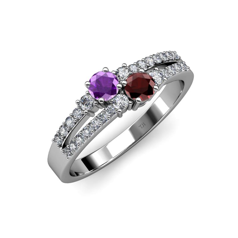 Zaira Amethyst and Red Garnet with Side Diamonds Split Shank Ring 