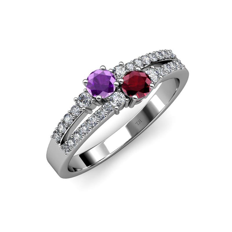 Zaira Amethyst and Ruby with Side Diamonds Split Shank Ring 