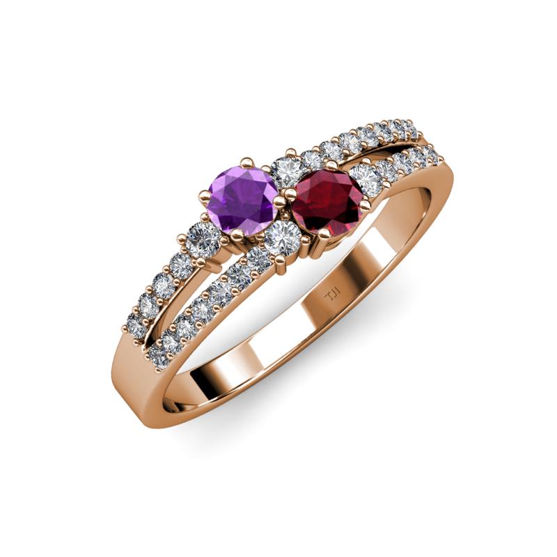 Zaira Amethyst and Ruby with Side Diamonds Split Shank Ring 