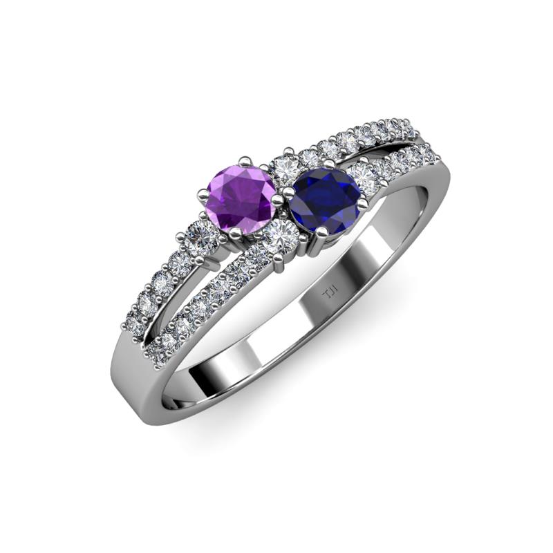 Zaira Amethyst and Blue Sapphire with Side Diamonds Split Shank Ring 