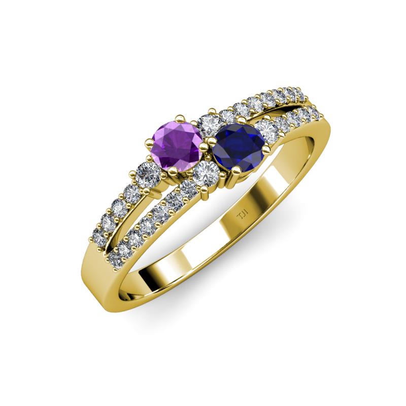 Zaira Amethyst and Blue Sapphire with Side Diamonds Split Shank Ring 