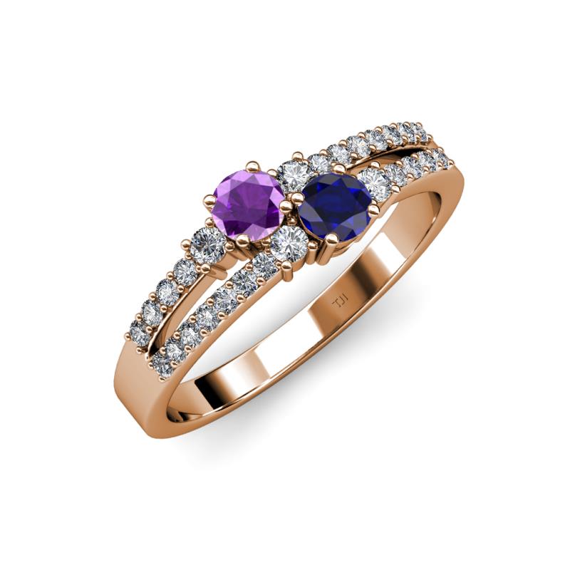 Zaira Amethyst and Blue Sapphire with Side Diamonds Split Shank Ring 