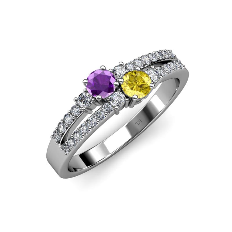 Zaira Amethyst and Yellow Sapphire with Side Diamonds Split Shank Ring 