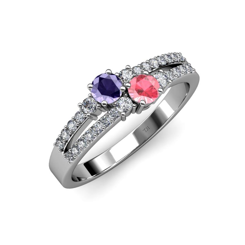 Zaira Iolite and Pink Tourmaline with Side Diamonds Split Shank Ring 