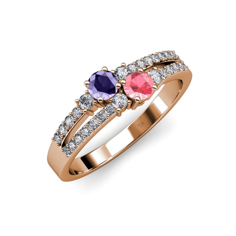 Zaira Iolite and Pink Tourmaline with Side Diamonds Split Shank Ring 