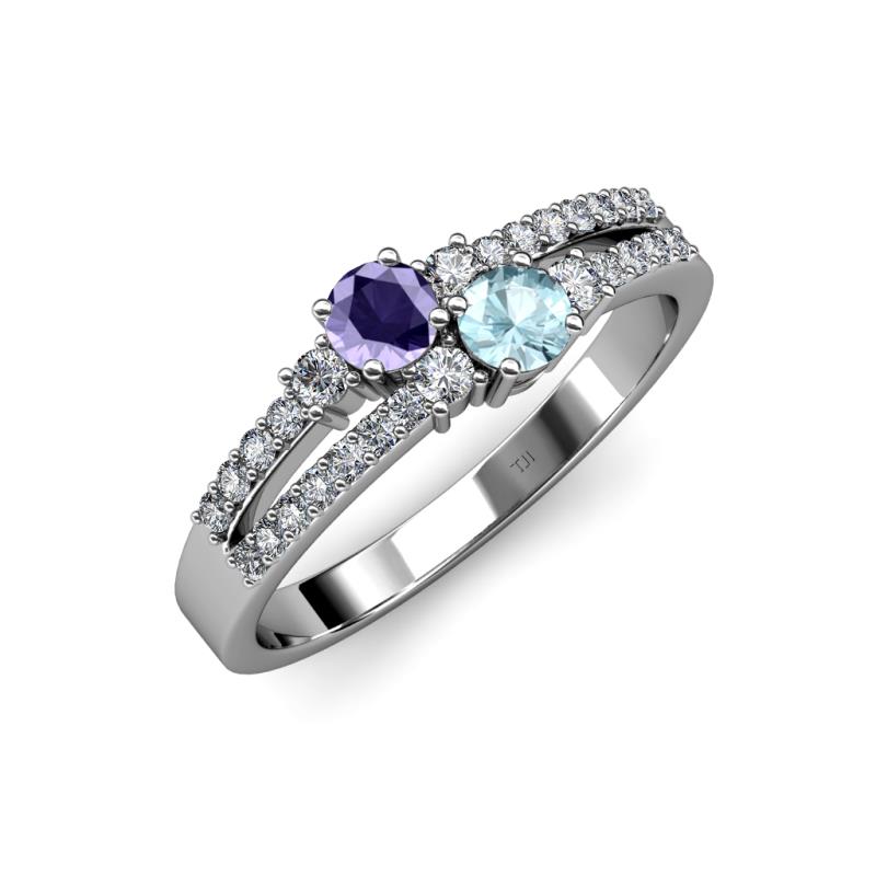 Zaira Iolite and Aquamarine with Side Diamonds Split Shank Ring 