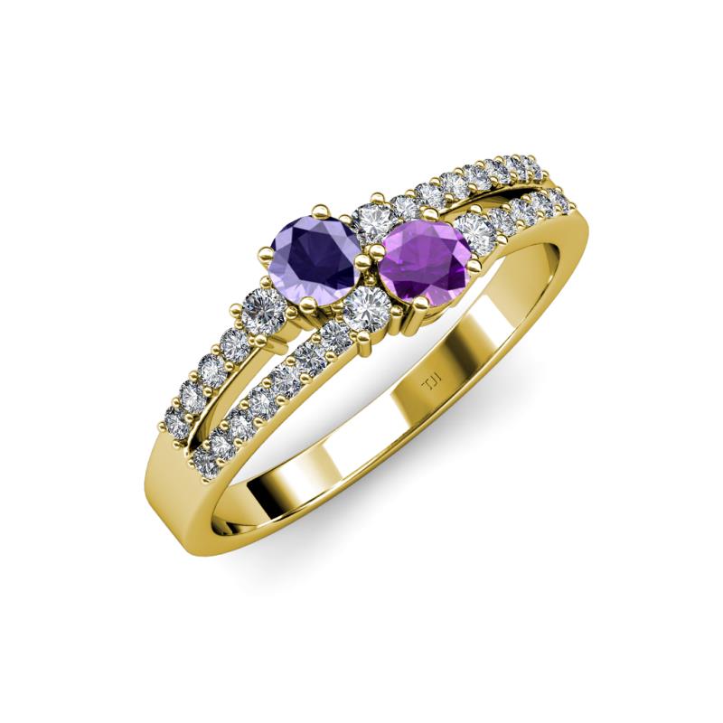 Zaira Iolite and Amethyst with Side Diamonds Split Shank Ring 