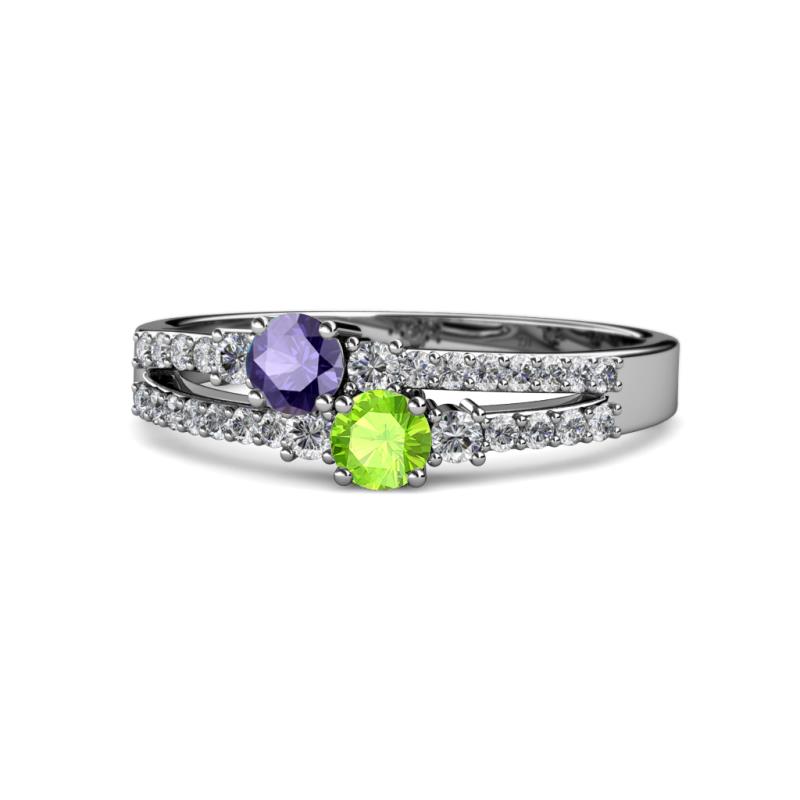 Zaira Iolite and Peridot with Side Diamonds Split Shank Ring 