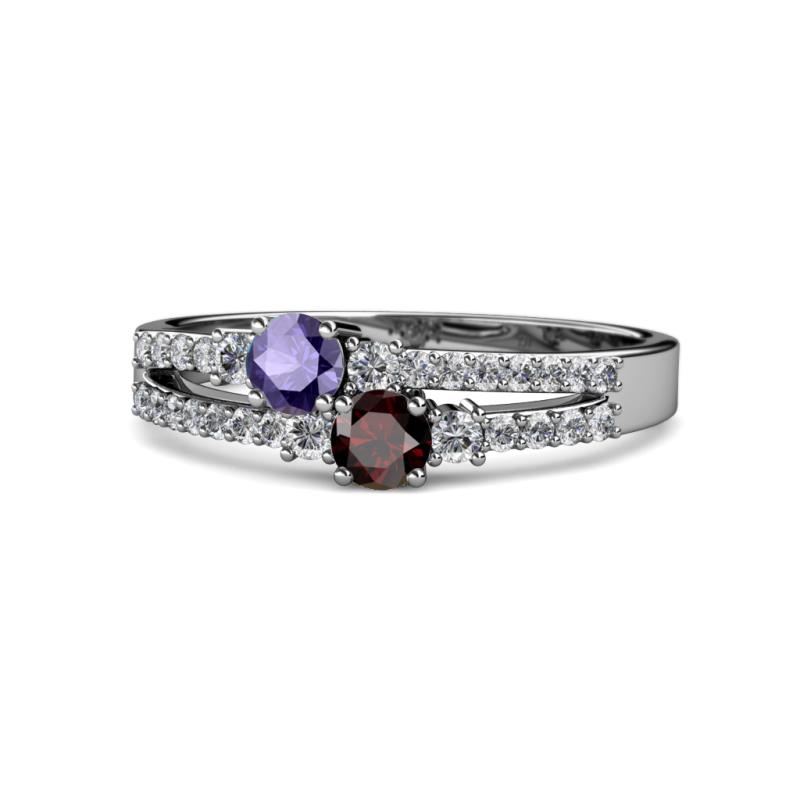 Zaira Iolite and Red Garnet with Side Diamonds Split Shank Ring 