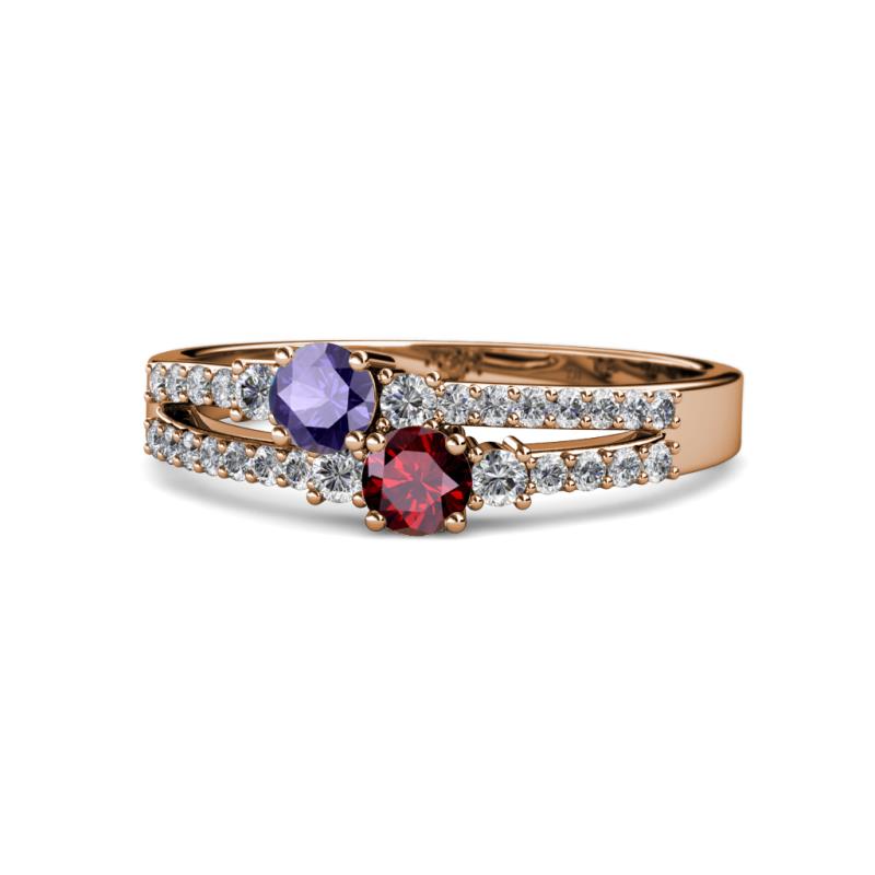 Zaira Iolite and Ruby with Side Diamonds Split Shank Ring 