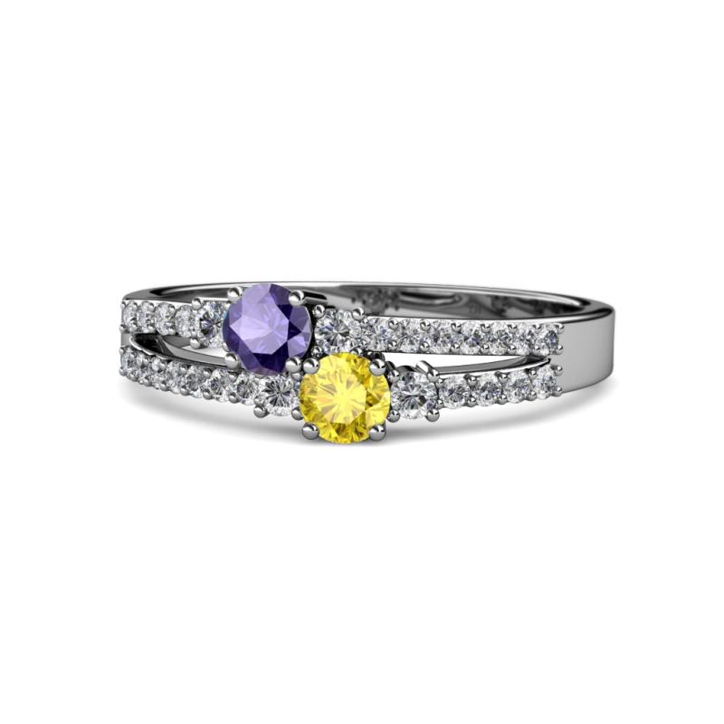 Zaira Iolite and Yellow Sapphire with Side Diamonds Split Shank Ring 