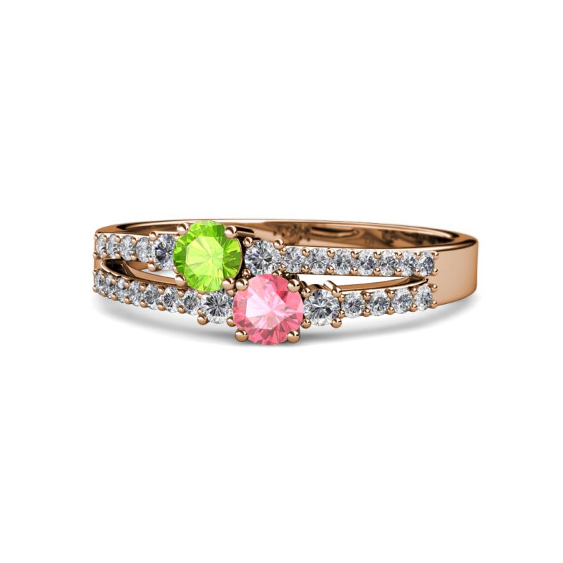 Zaira Peridot and Pink Tourmaline with Side Diamonds Split Shank Ring 
