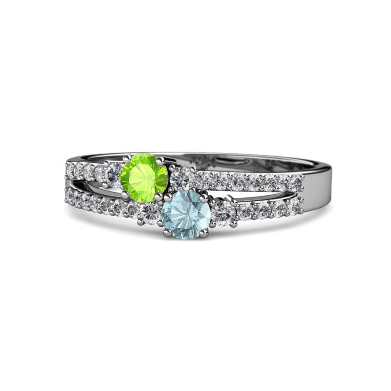 Zaira Peridot and Aquamarine with Side Diamonds Split Shank Ring 