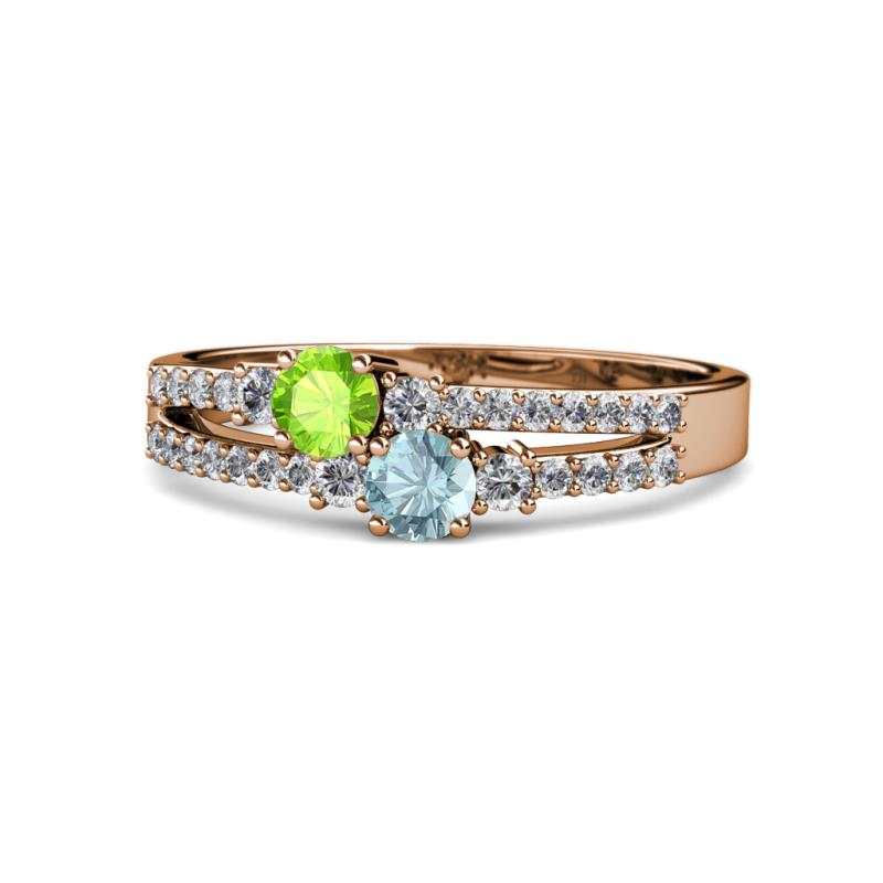 Zaira Peridot and Aquamarine with Side Diamonds Split Shank Ring 