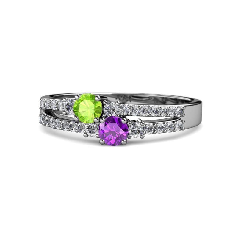 Zaira Peridot and Amethyst with Side Diamonds Split Shank Ring 
