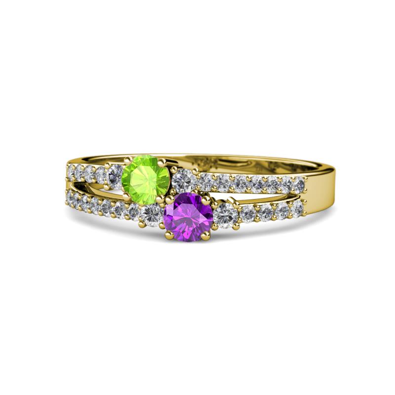 Zaira Peridot and Amethyst with Side Diamonds Split Shank Ring 