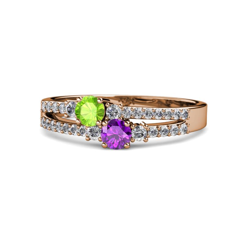 Zaira Peridot and Amethyst with Side Diamonds Split Shank Ring 
