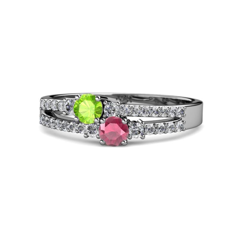 Zaira Peridot and Rhodolite Garnet with Side Diamonds Split Shank Ring 