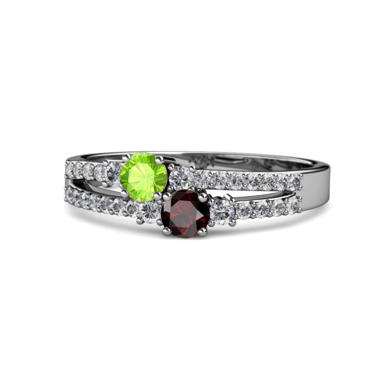 Zaira Peridot and Red Garnet with Side Diamonds Split Shank Ring 