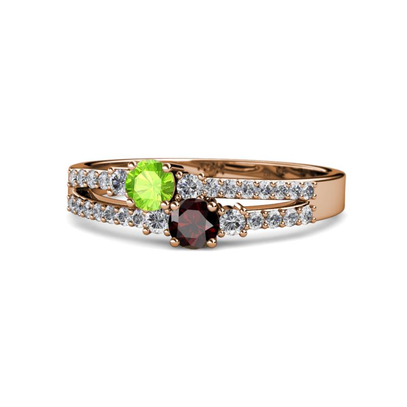 Zaira Peridot and Red Garnet with Side Diamonds Split Shank Ring 