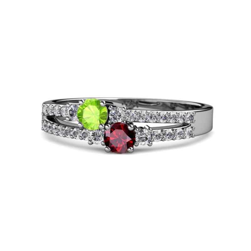 Zaira Peridot and Ruby with Side Diamonds Split Shank Ring 