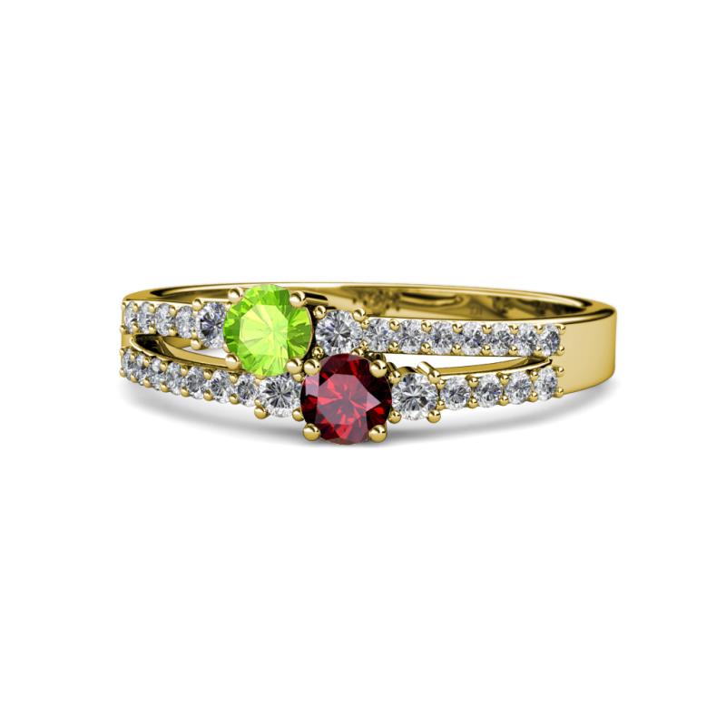 Zaira Peridot and Ruby with Side Diamonds Split Shank Ring 
