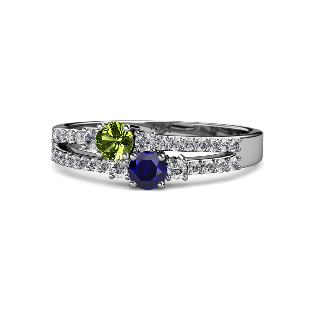 Zaira Peridot and Blue Sapphire with Side Diamonds Split Shank Ring 