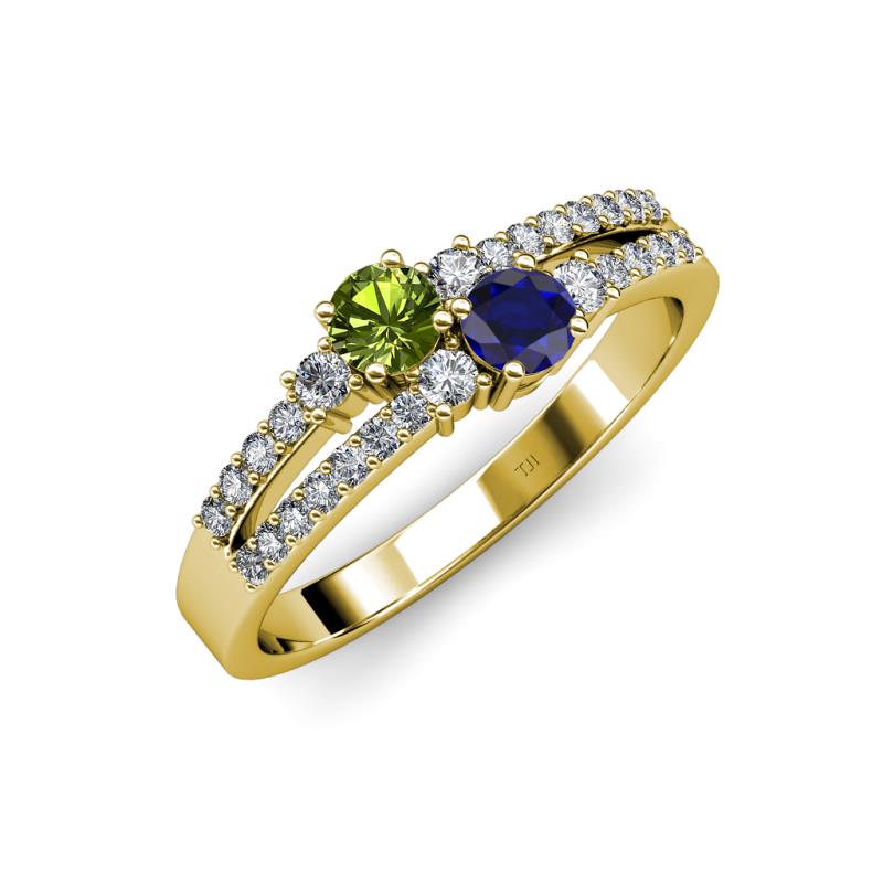 Zaira Peridot and Blue Sapphire with Side Diamonds Split Shank Ring 