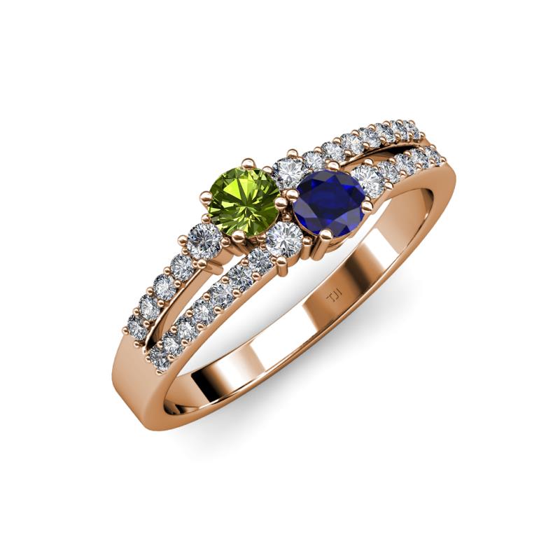 Zaira Peridot and Blue Sapphire with Side Diamonds Split Shank Ring 