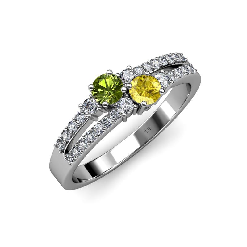 Zaira Peridot and Yellow Sapphire with Side Diamonds Split Shank Ring 