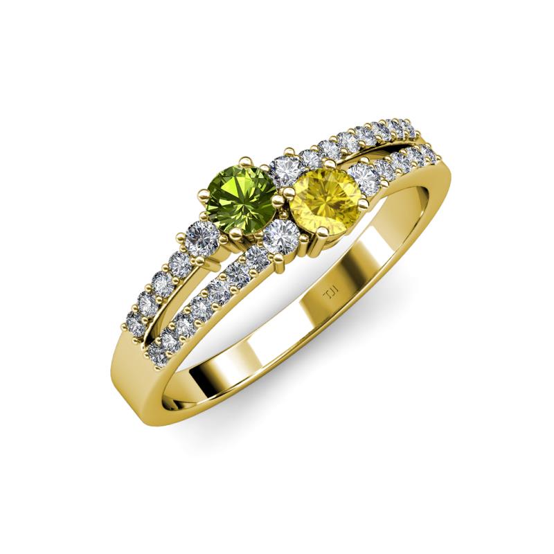 Zaira Peridot and Yellow Sapphire with Side Diamonds Split Shank Ring 